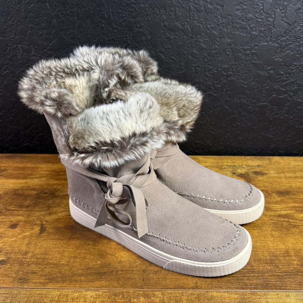TOMS Vista 1002920717 Taupe Suede Faux Fur Ankle Boots Womens 8.5